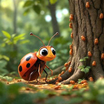 The primary subject of the image is a ladybug, which is a small, colorful insect with a distinctive red and black pattern. The ladybug is standing on a leaf-covered ground, surrounded by a forest setting. The visual style of the image is a digital art or illustration, with the ladybug being the main focus of the scene. The colors and mood of the image are vibrant and lively, with the red and black ladybug standing out against the green and brown forest background.